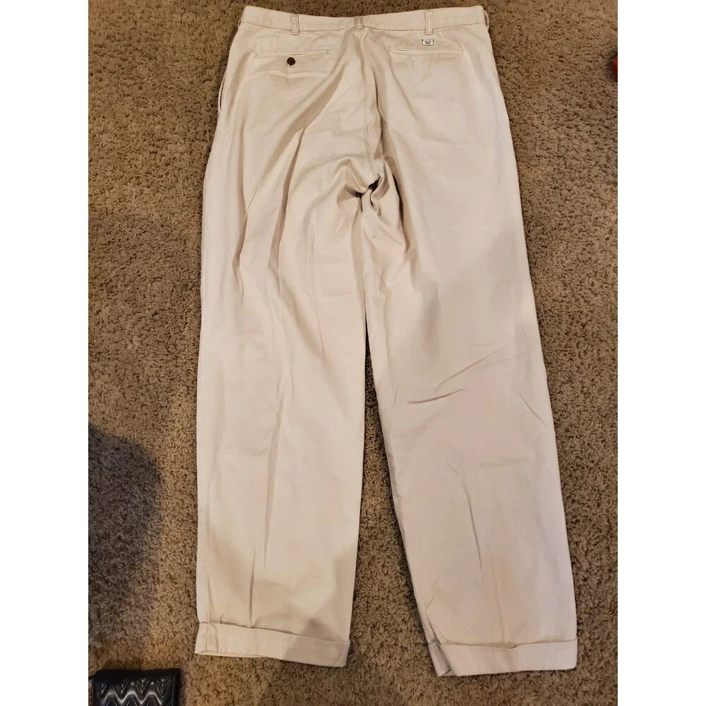 Vintage Chaps Ralph Lauren Pants Mens 36x32 Beige Pleated Cuffed Cotton Chino